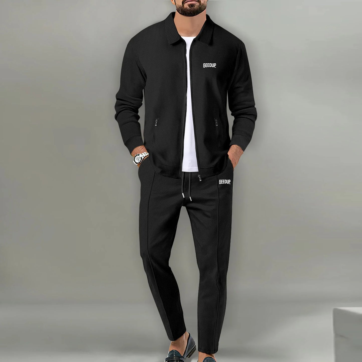 Men's casual sports suit, youth spring and autumn Waffle zipper pocket lapel slim fashion long sleeve cardigan, men's jacket set