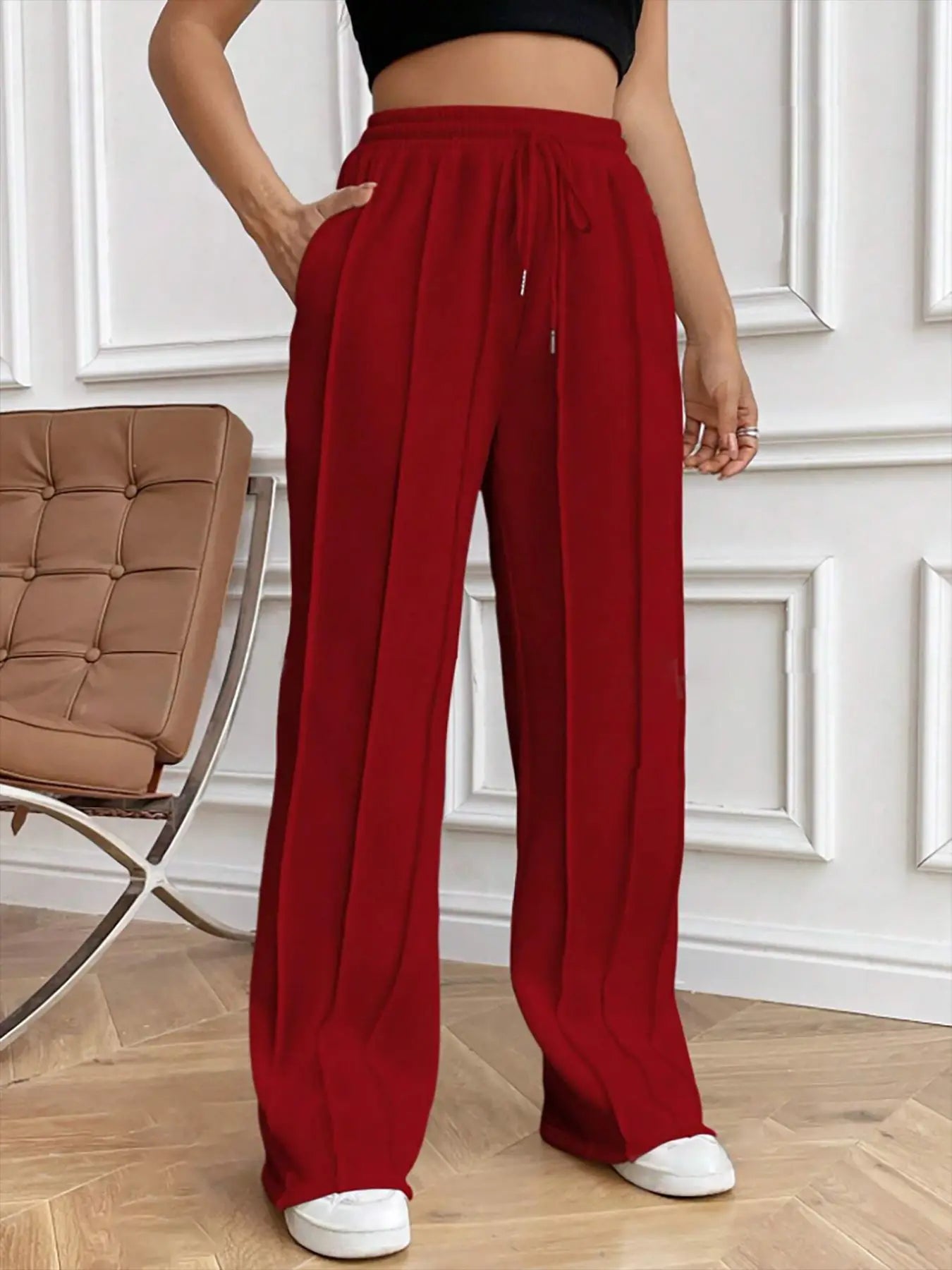 European and American women's casual fashion sweatpants with drawstring, vertical stripes, straight leg sports pants for women