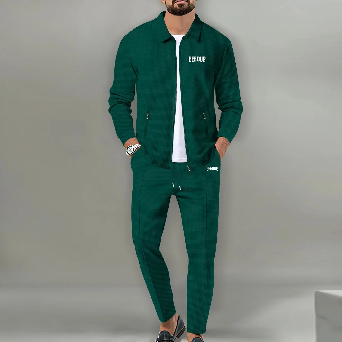 Men's casual sports suit, youth spring and autumn Waffle zipper pocket lapel slim fashion long sleeve cardigan, men's jacket set