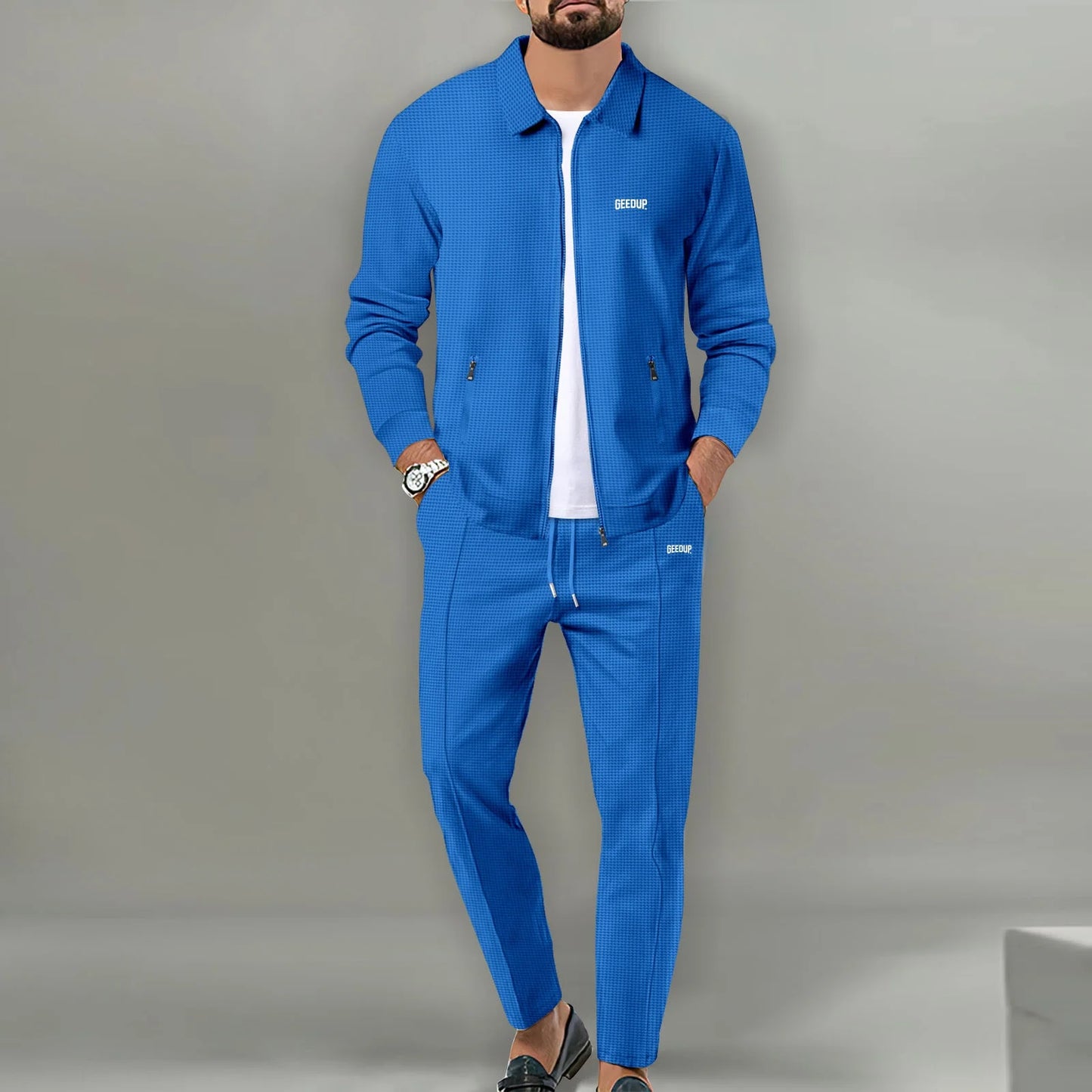 Men's casual sports suit, youth spring and autumn Waffle zipper pocket lapel slim fashion long sleeve cardigan, men's jacket set