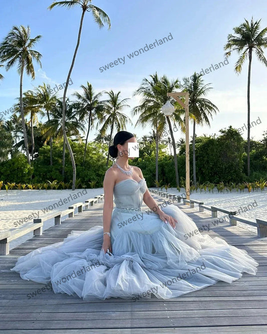 A Line Tulle Evening Dresses Woman Pleat Skirt Sequins vestidos de noche Prom Dress Layers Wedding Party Gown Customized